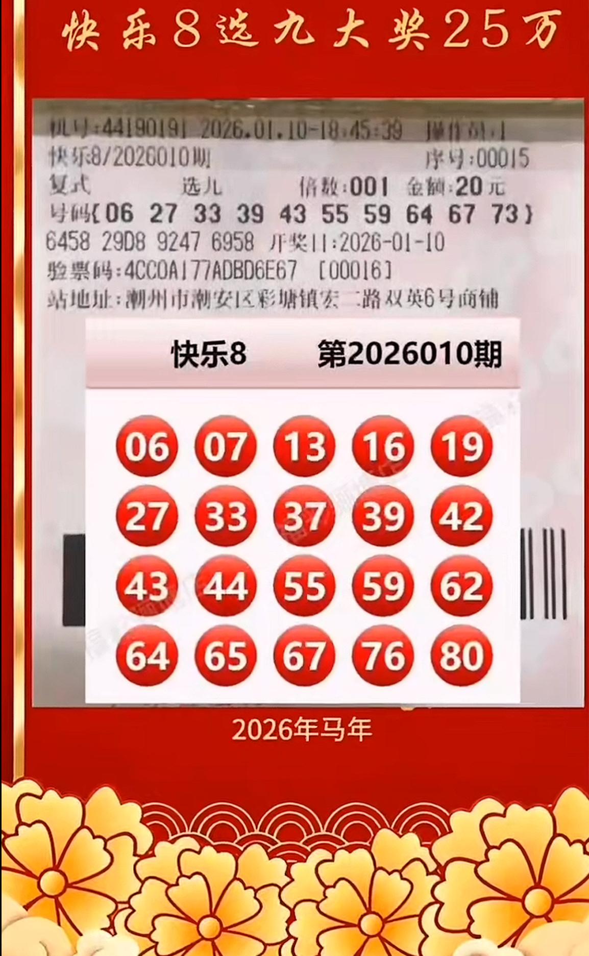 快乐8，让快乐照进现实，把幸运带回家。26010期，广东潮州彩民以“复式选九