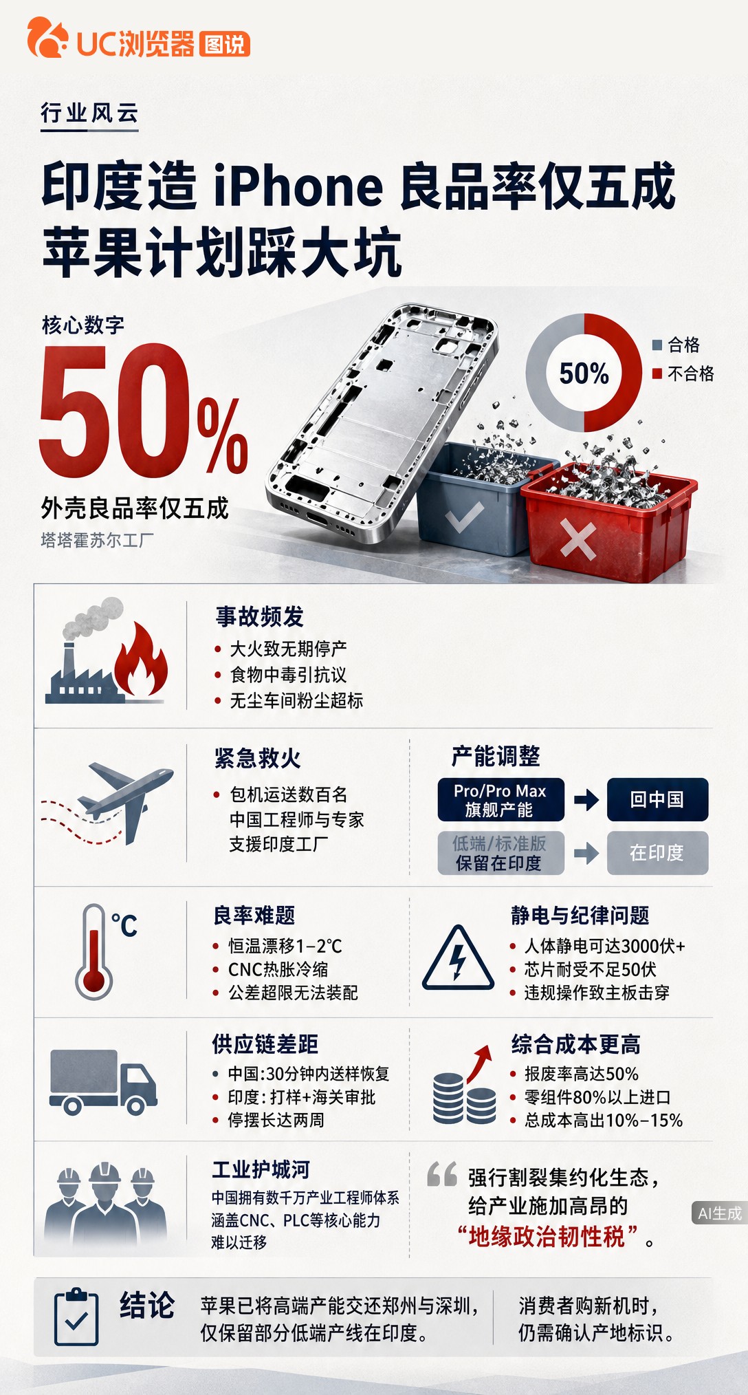 印度造iPhone外壳良品率仅50%，事故不断逼得苹果包机调中国工程师救场。高端产能已撤回国内，廉价