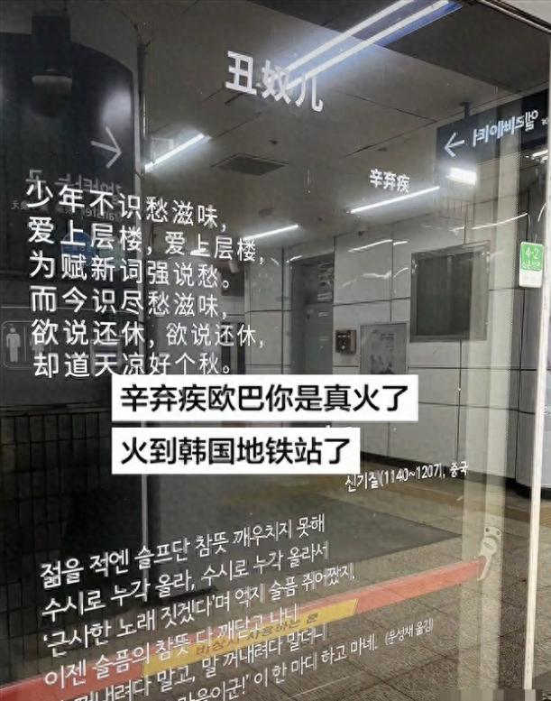 火到韩国了！一位中国游客去韩国旅游，准备乘坐地铁时，突然在展台的玻璃门上看到有汉