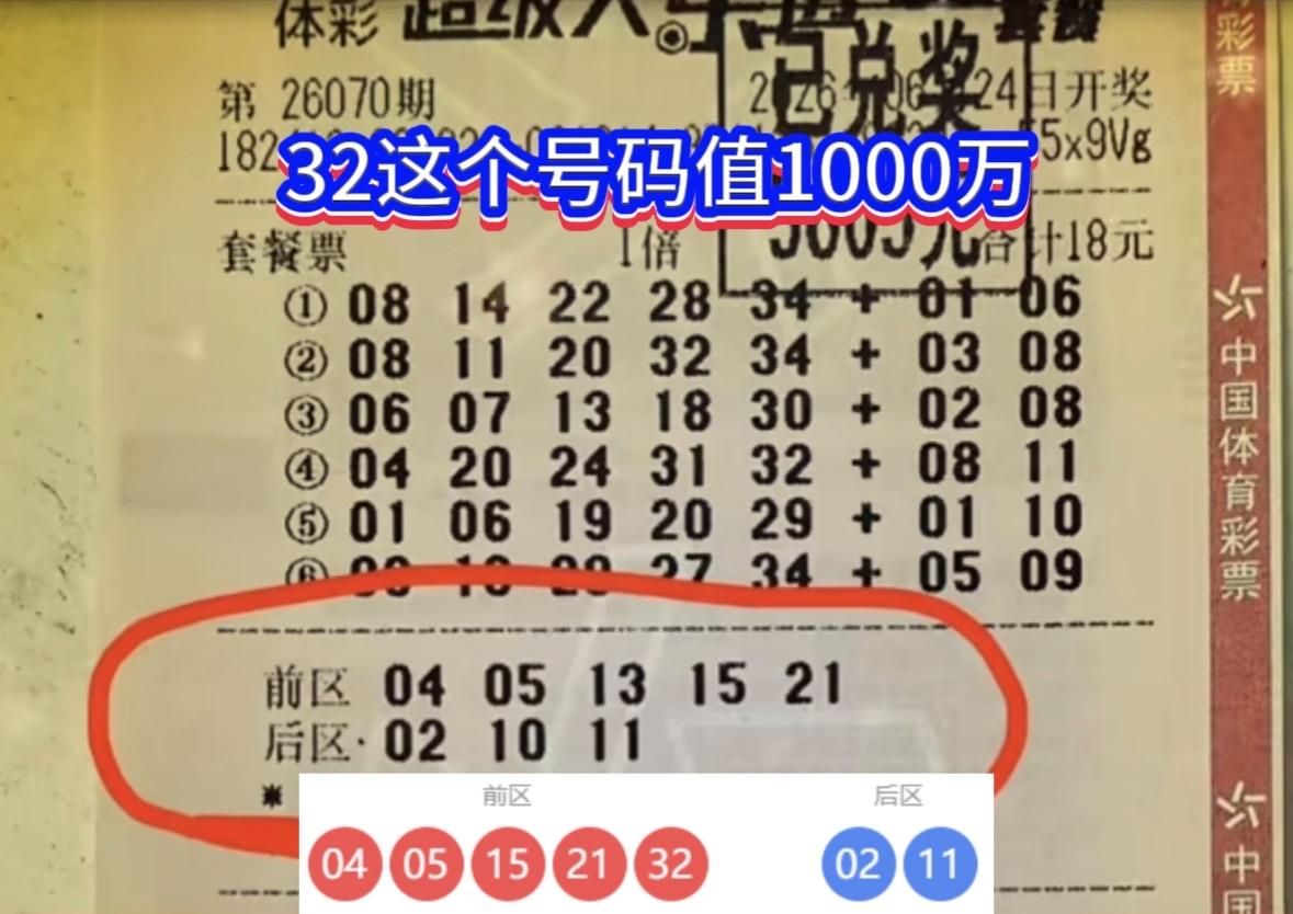 一号之差失千万！一个32号隔开两种人生，大乐透26070期开奖，一张18元机选套