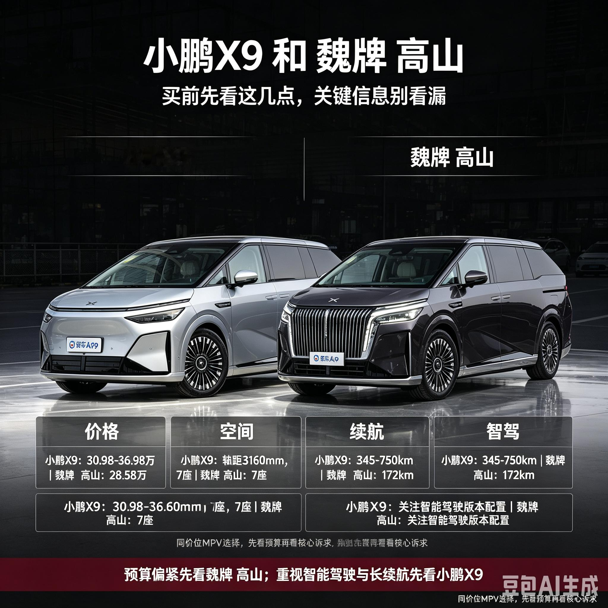 小鹏X9与魏牌高山都是7座MPV，但产品取向差别明显。小鹏X9侧重智能驾驶与长续航，适合看重科技体验