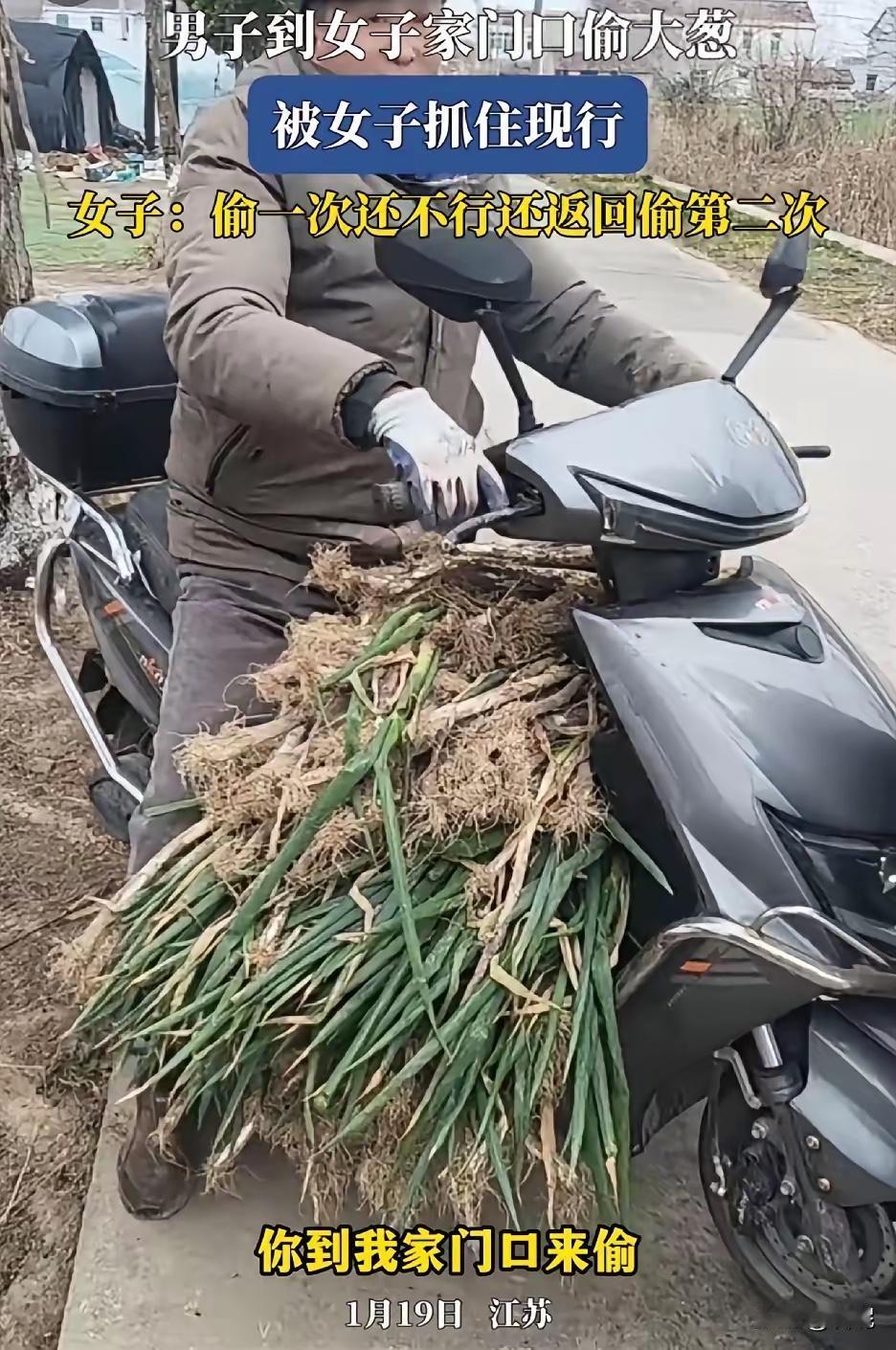 江苏，一男子到女子家门口偷大葱，被女子抓住现行。女子直言报警了，要求赔偿100元