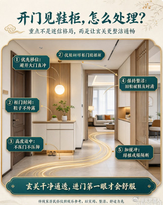 家居风水玄关布局居家环境很多户型一开门，迎面就是鞋柜，这是很常见的玄关格局。传统居家理念认为，大门是