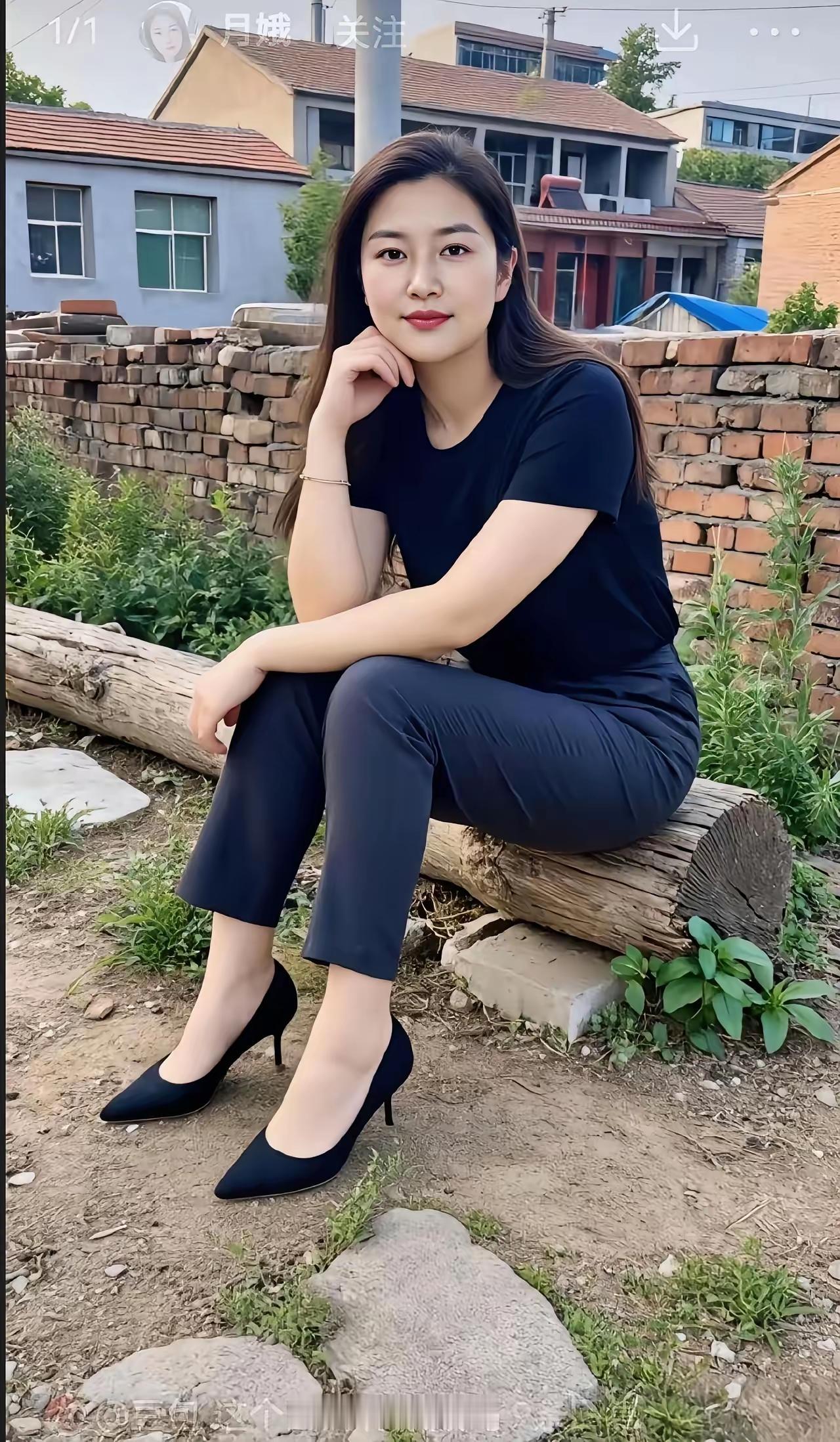 这姑娘坐在树桩上，穿着一身黑。