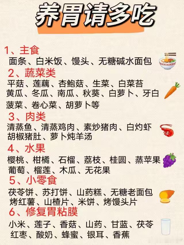 养胃请多吃1、主食面条、白米饭、馒头、无糖碱水面包2、蔬菜类平菇、莲藕、杏鲍菇、生菜、白菜苔黄瓜、冬