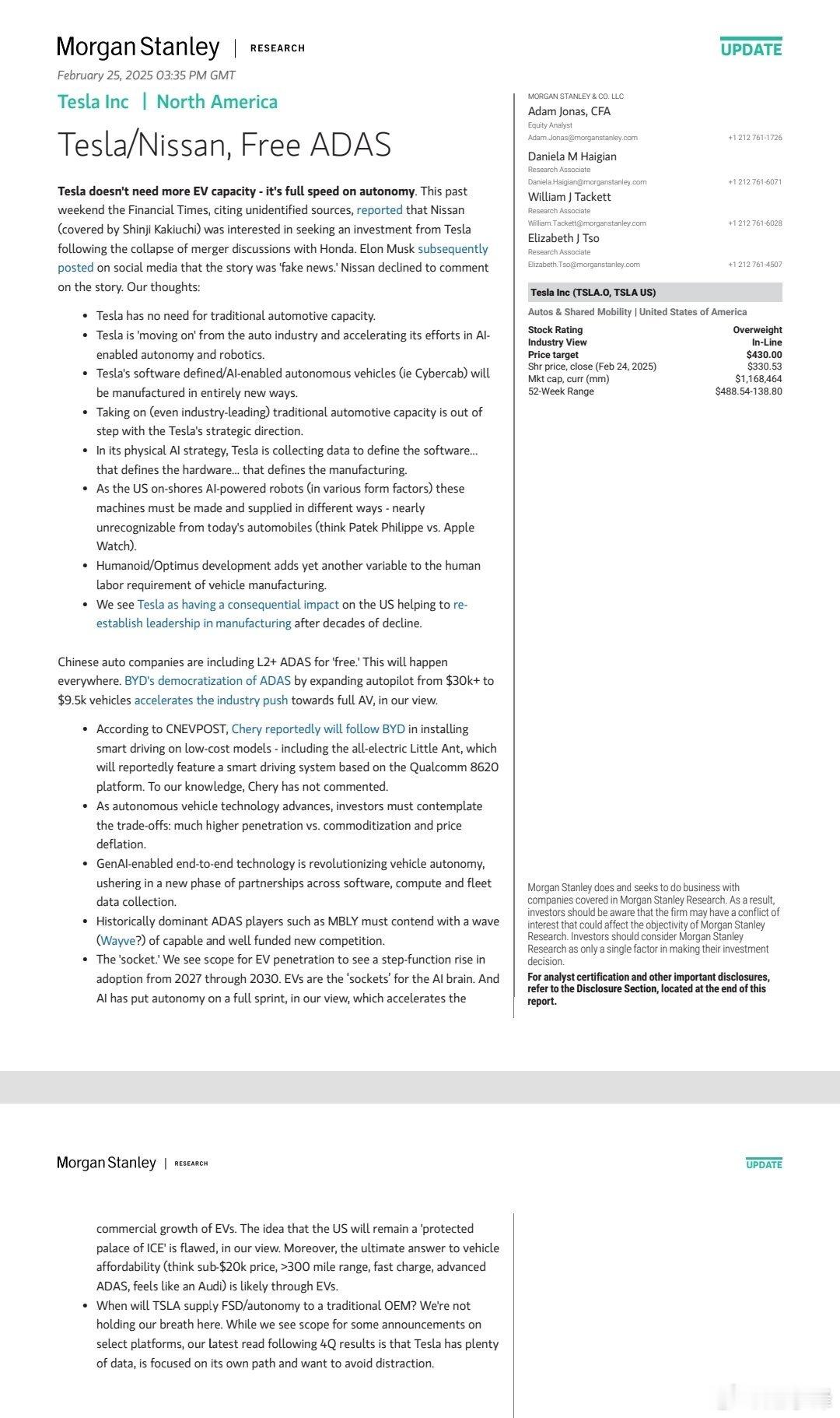 以下是基于摩根士丹利研究报告《Tesla/Nissan,FreeADAS》的
