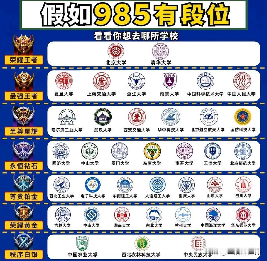 全国985高校梯队榜单出炉，北大、清华归入荣耀王者段位，稳居顶尖；复旦、上交、浙