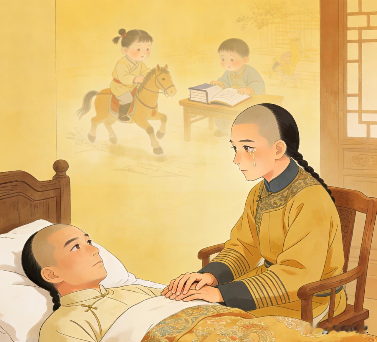 康熙四十二年，裕亲王福全卧床不起，玄烨亲赴王府探视。兄弟二人聊起童年旧事，说到动