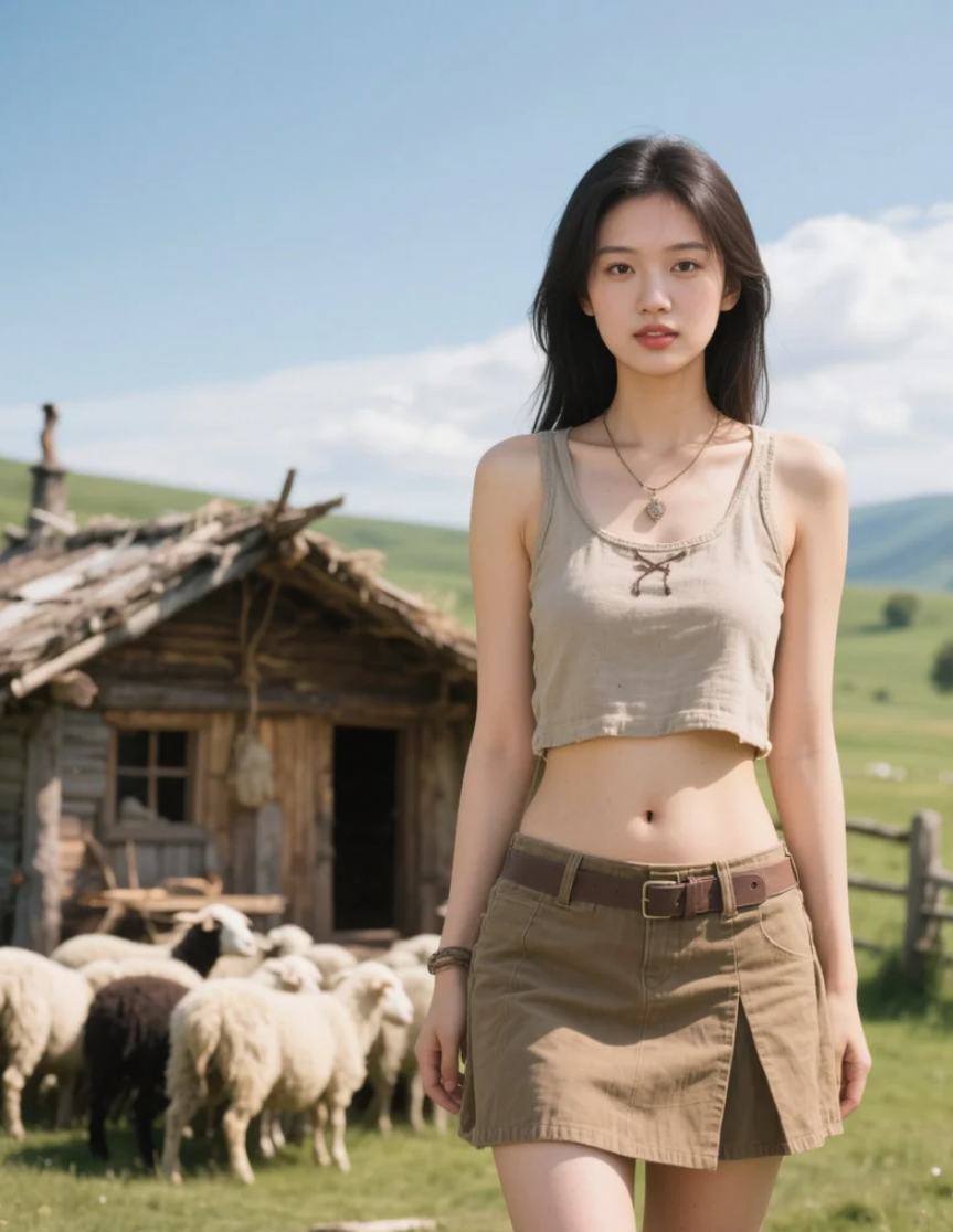 小屋前的亚洲美女，演绎草原上的田园浪漫