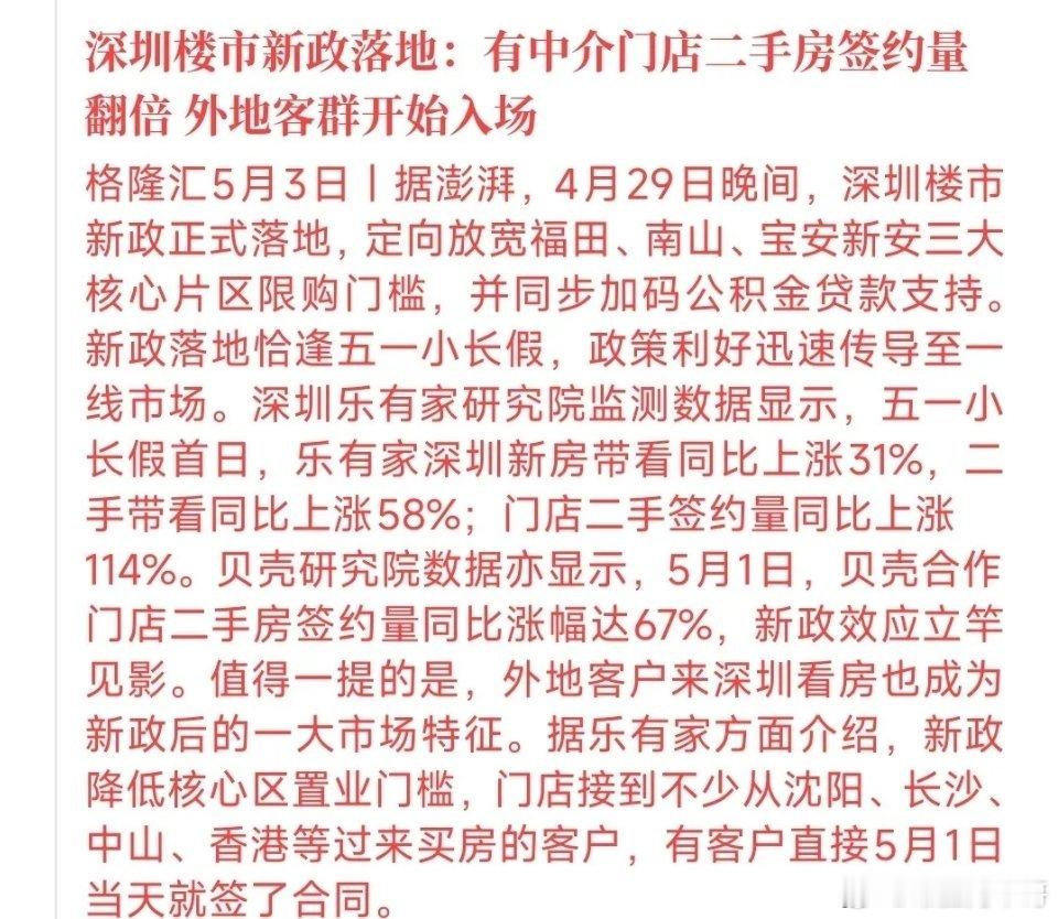 五一假期期间，房地产又传来利好消息，签约量直接翻倍深圳新政落地之后，房地产市场明