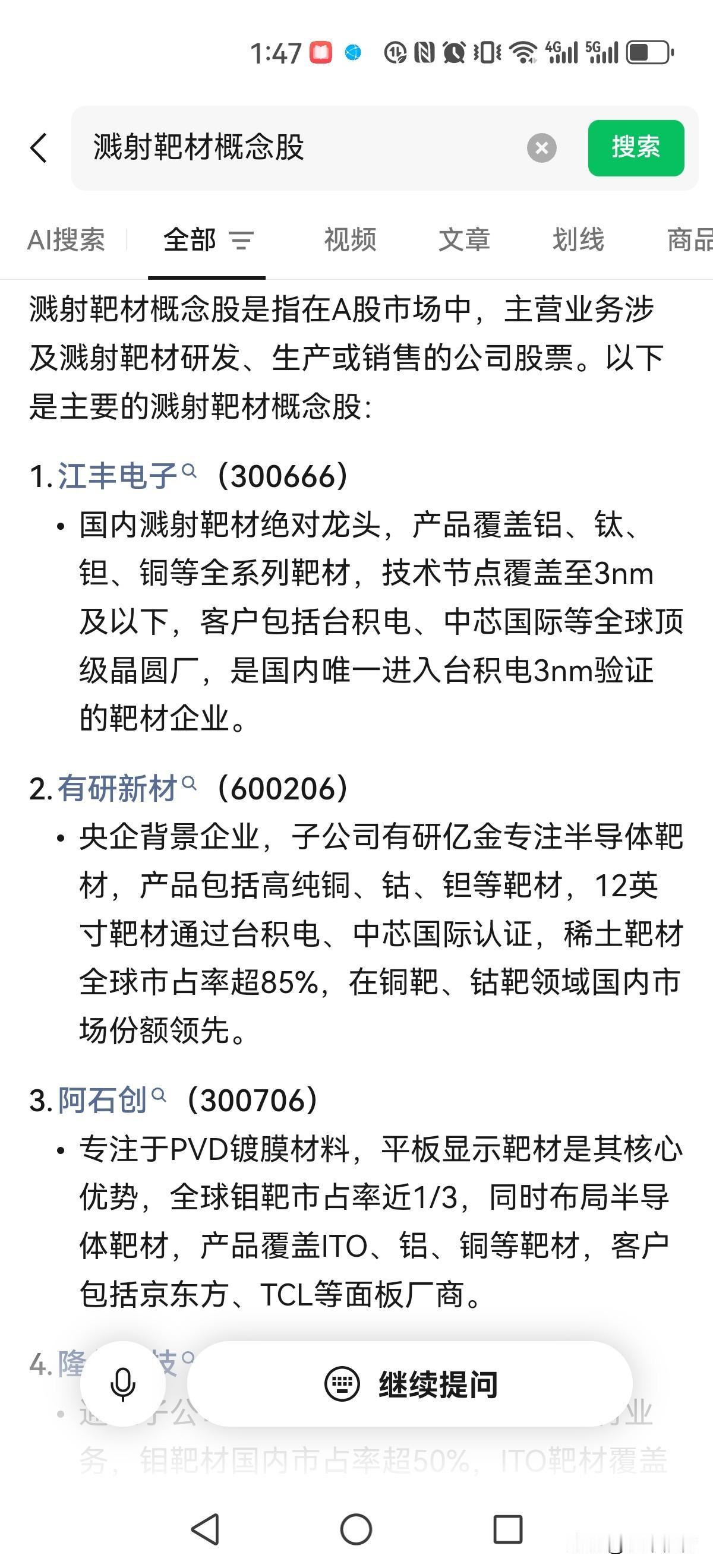以下是主要的溅射靶材概念股：江丰电子（300666）国内溅射靶材绝对龙头，产品覆