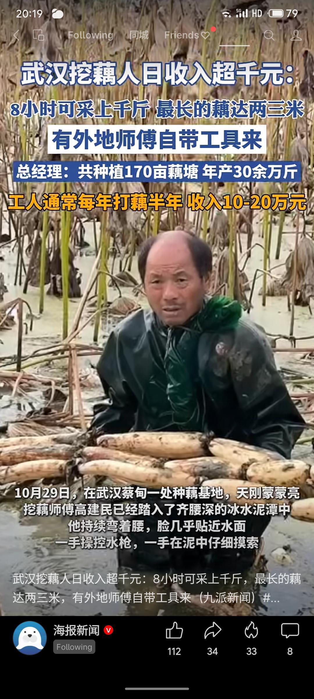 武汉挖藕人日收入超千元，工作8小时可采藕上千斤，最长的藕达两三米。有外地师傅自带