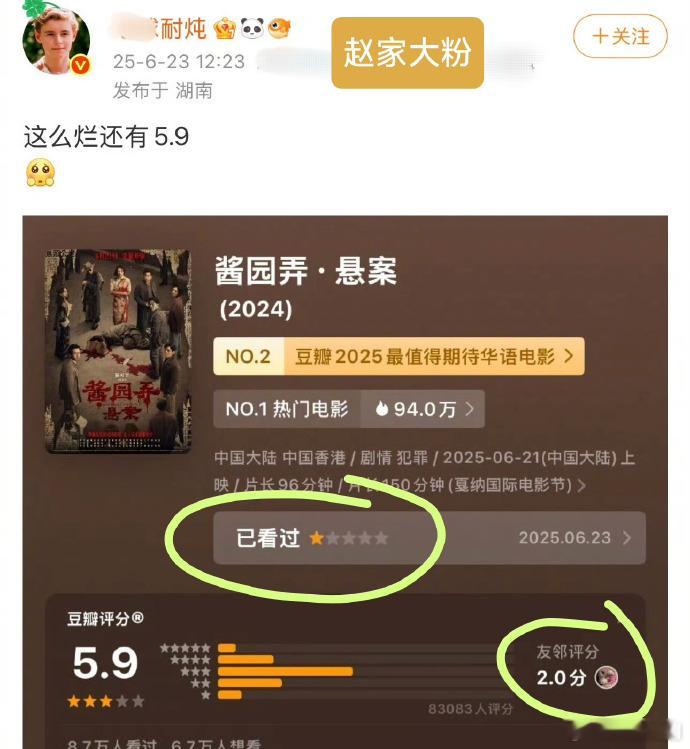 西林这个角色口碑不及预期，结果粉丝号召全部给《酱园弄》打一星，阻止观众入场[允悲