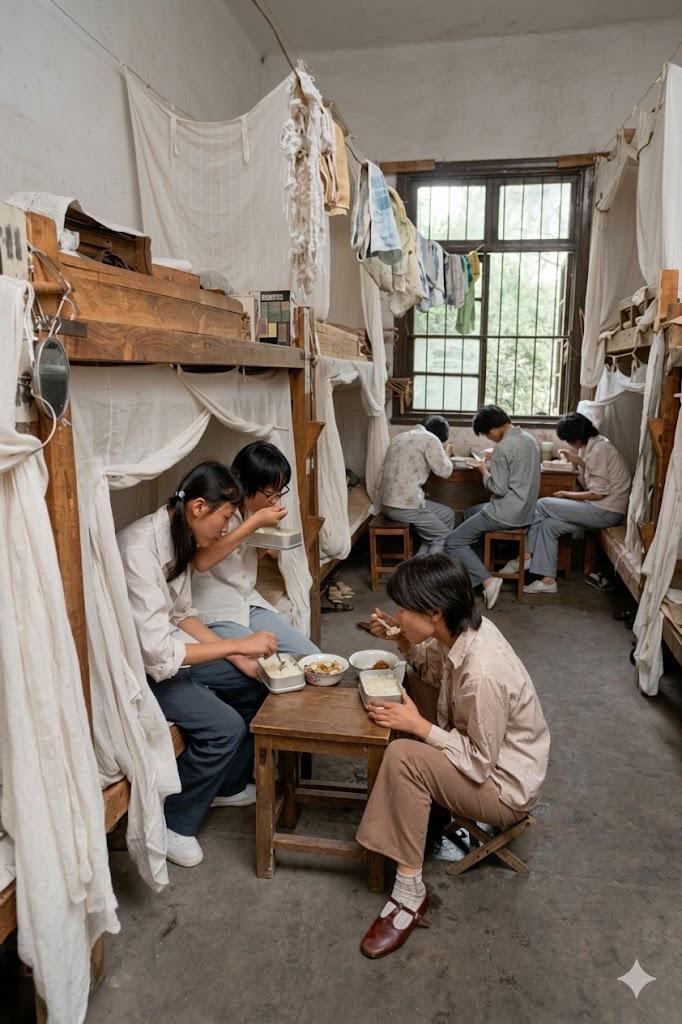 1984年，苏州高校女生宿舍。老式木制上下铺铁木床，床铺围挂白布床帘用来隔出私