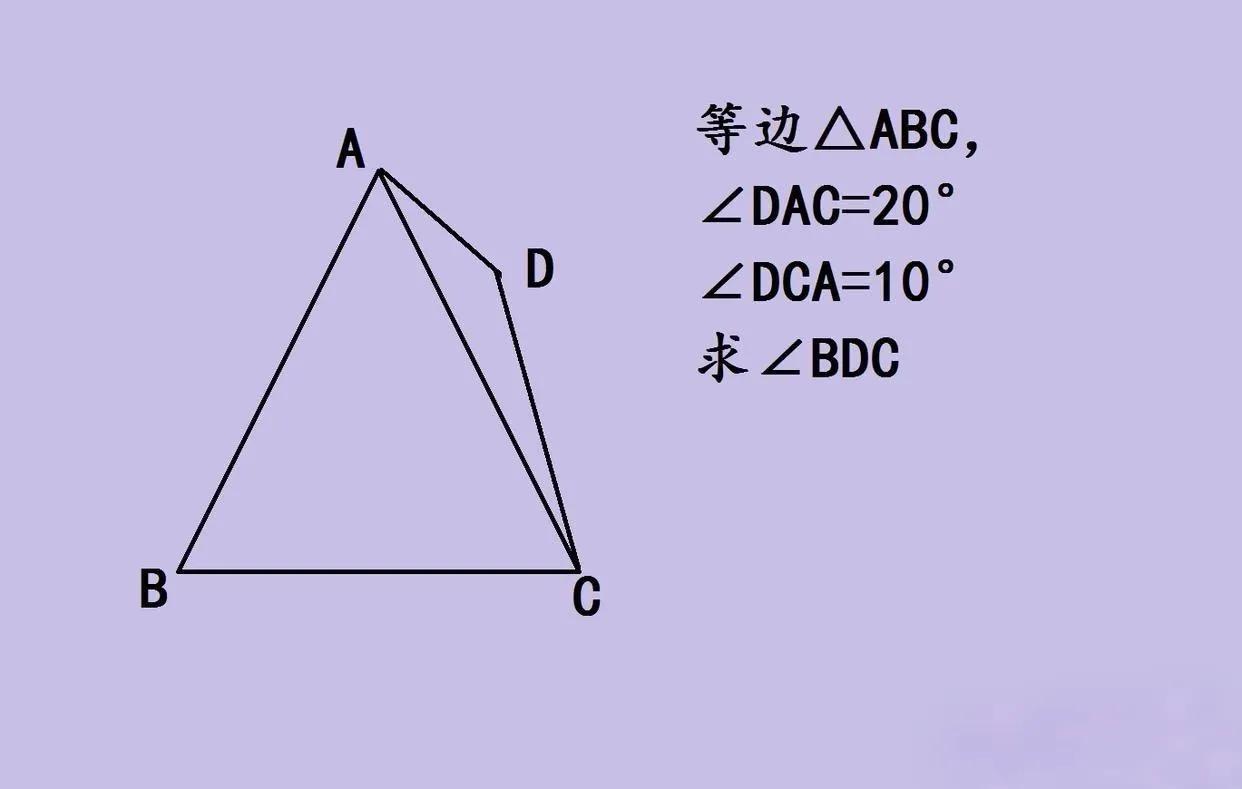 一道超难的初中几何竞赛题📐等边△ABC，已知∠DAC=20°、∠DCA=1