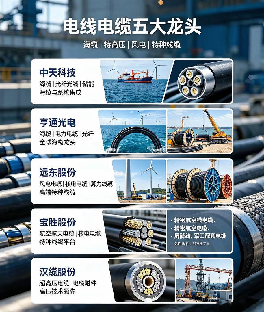 A股电线电缆五大龙头1.中天科技✅优点：海缆龙头，国内海上风电海缆市占率领先；