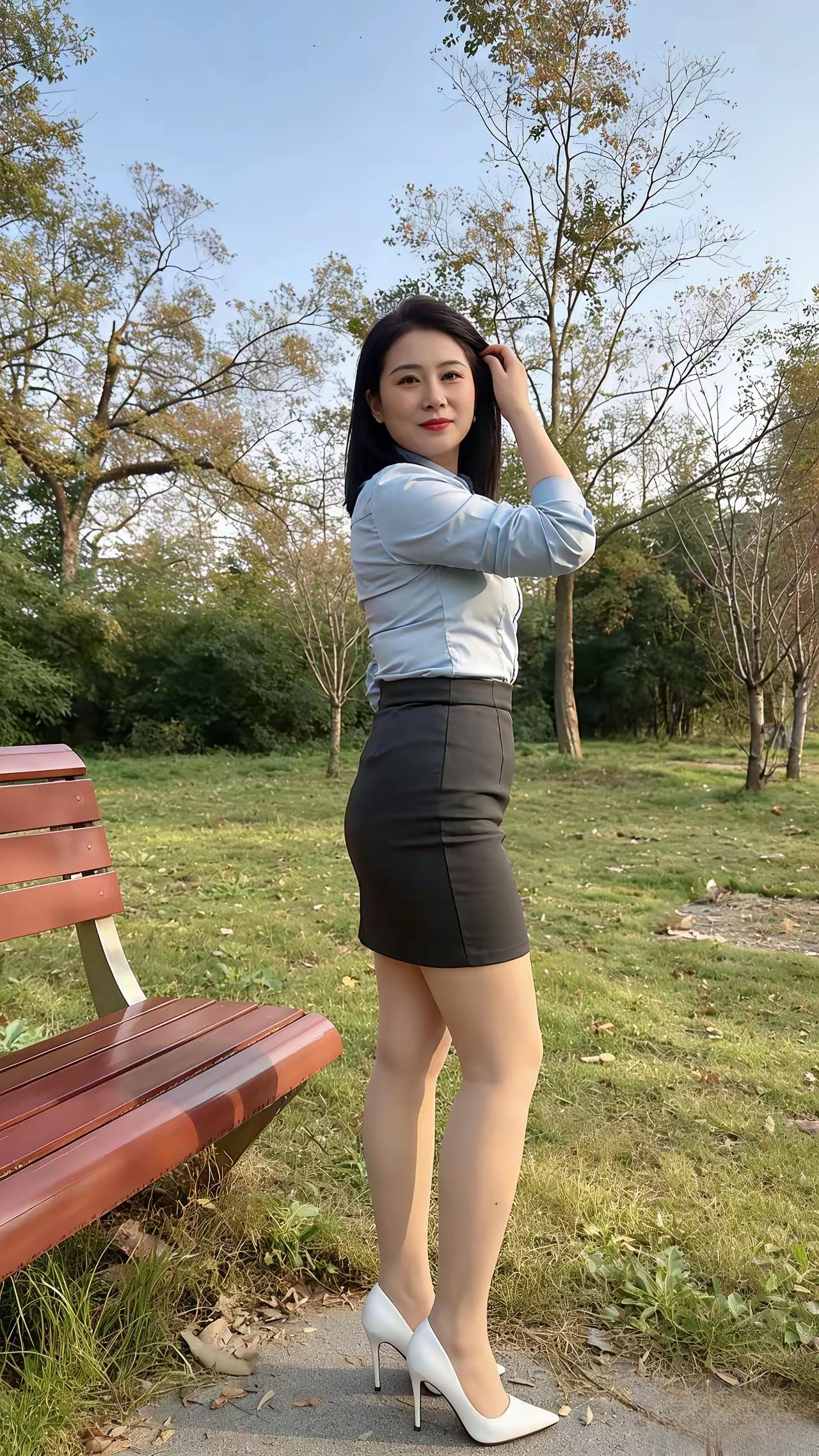 浅蓝色衬衫+浅灰色短裙+白色高跟鞋，再配上飘逸的长发，简直就是职场女神标配！就