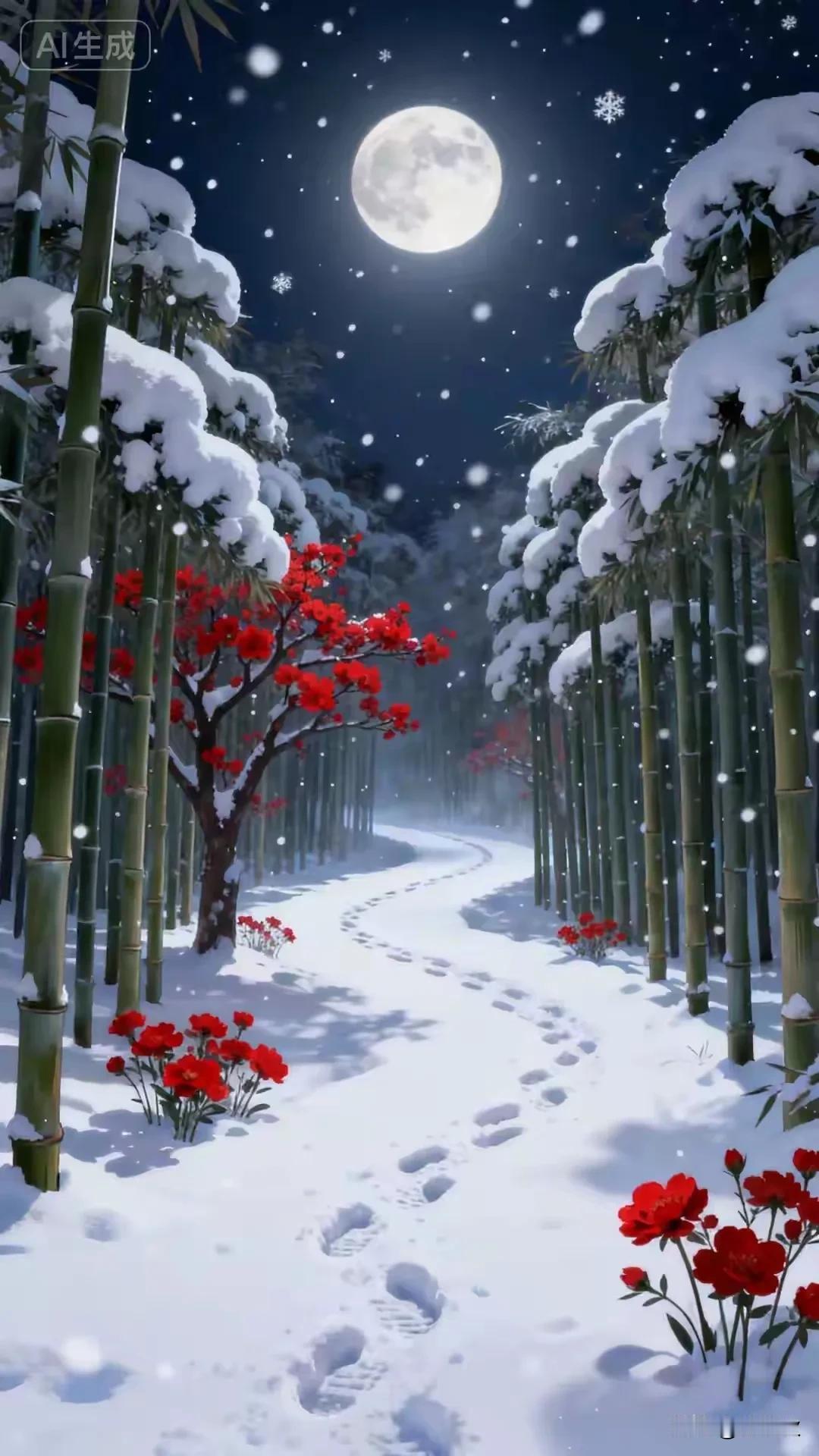 冬夜雪径，月下红梅雪飞柳絮梨花，梅开玉蕊琼葩。雪花无声拂旧梦，白絮漫天映
