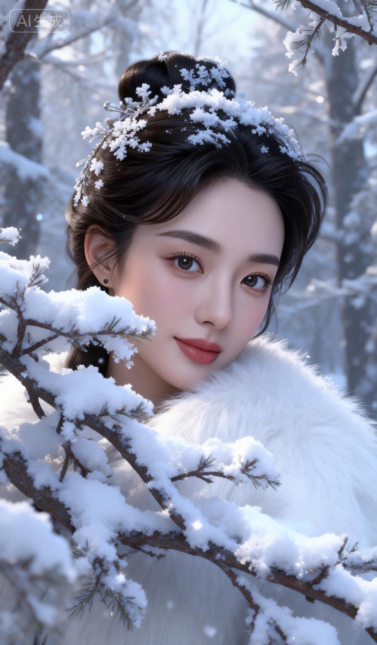 在这如梦如幻的冬日仙境里，一位红妆美人雪中漫步。风飘雪舞，如天女散花，雪花扬在她