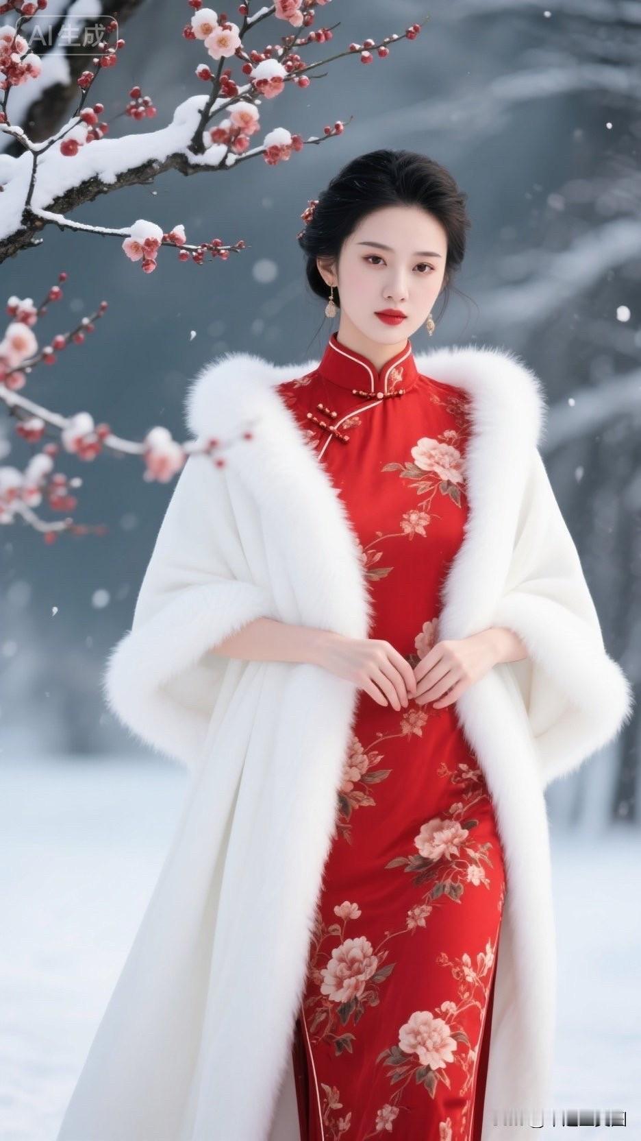 穿旗袍的姑娘在雪中优雅地站着。
