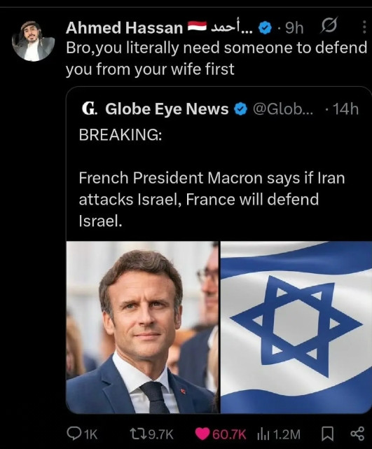 法国总统埃马纽埃尔·马克龙表示，如果伊朗袭击以色列，法国将保卫以色列。也门用