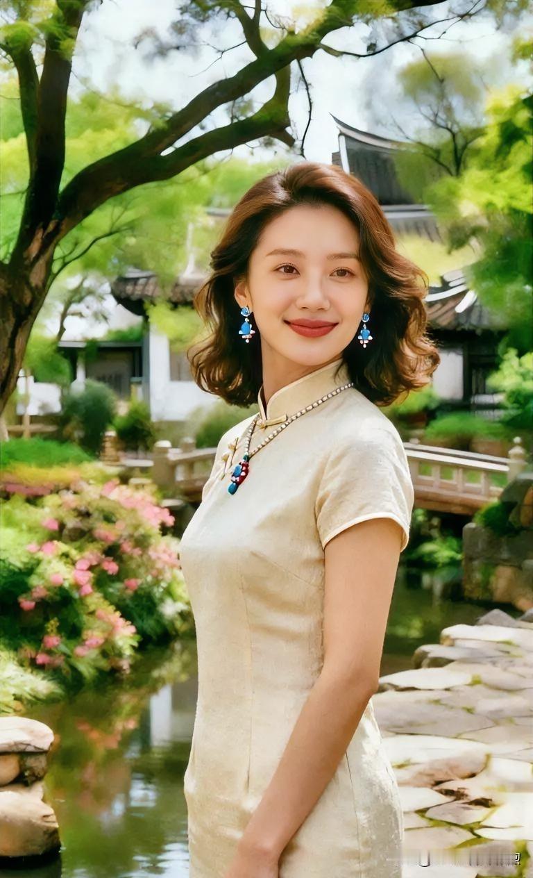 米白旗袍勾勒曼妙曲线，古典园林映衬温婉气质。彩饰耳坠点缀其间，尽显东方雅韵与柔美