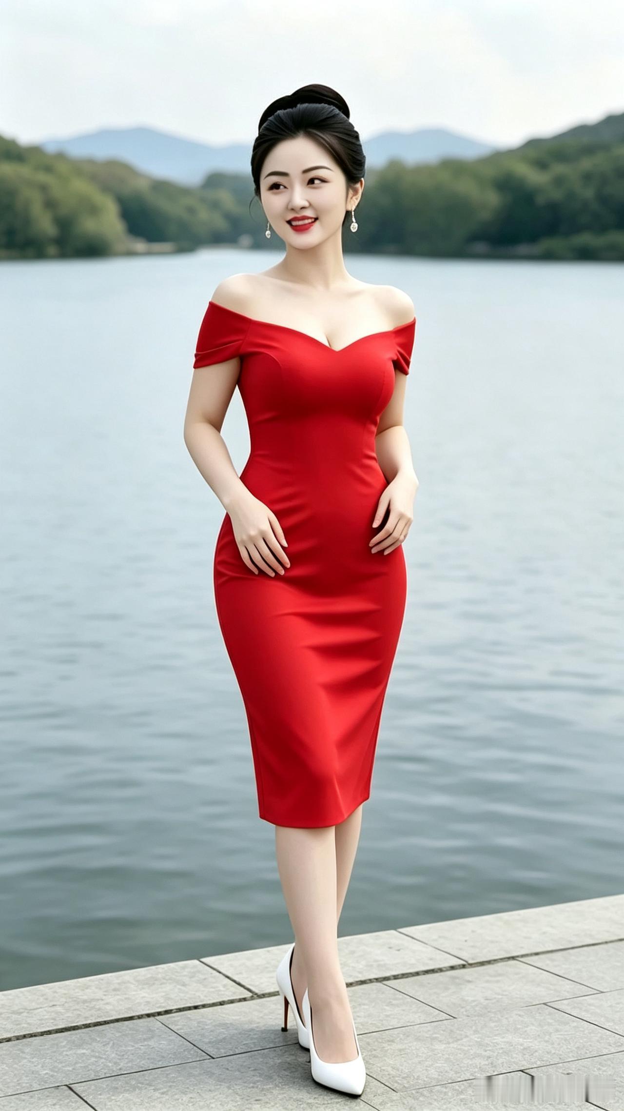 红裙临水美人图碧水环山映丽妆，红裙一袭寄柔肠。云鬟高挽明珠坠，笑靥微绽暖意彰
