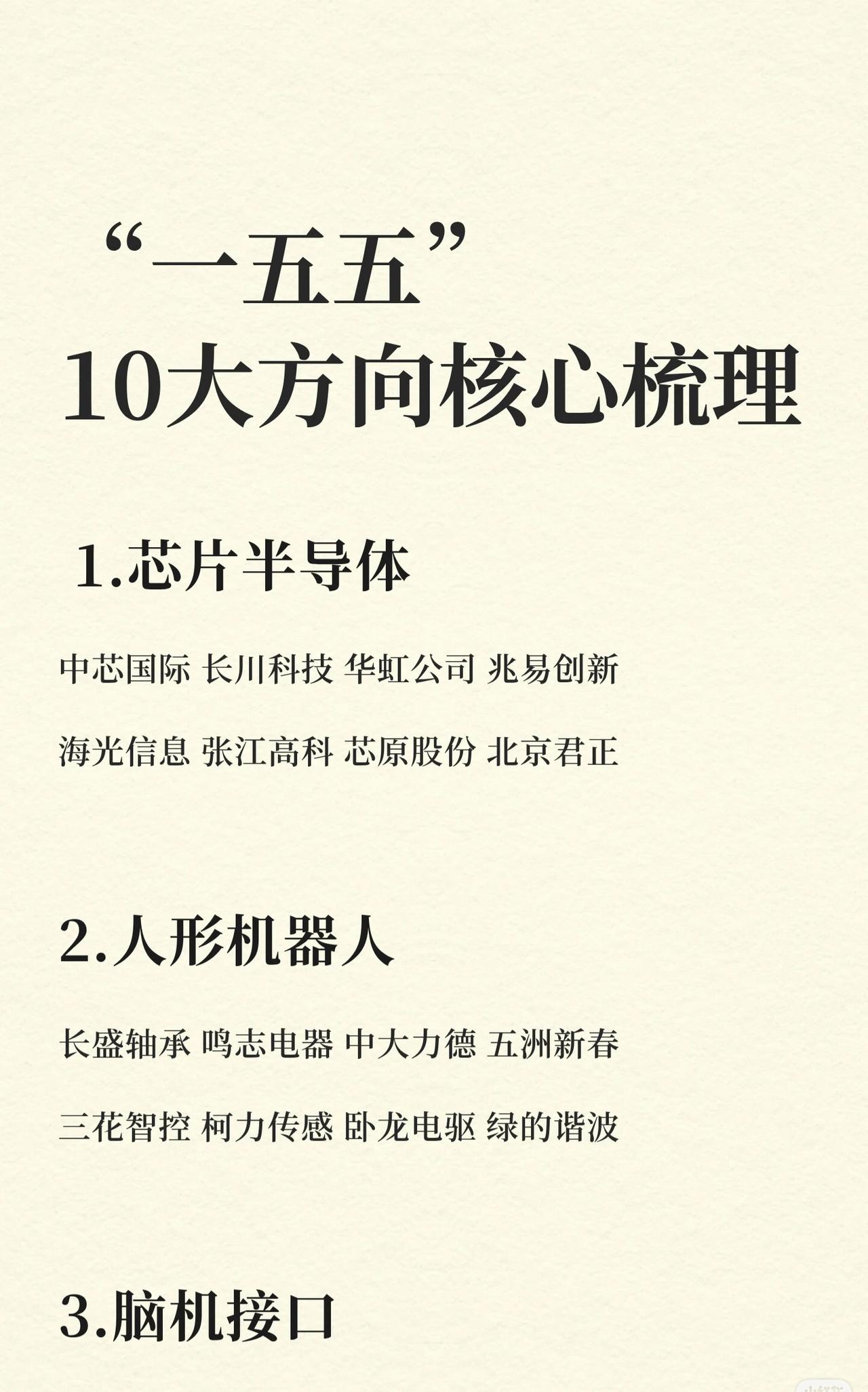 “一五五”计划的十大核心方向及相关代表企业，具体如下：1.芯片半导体：中芯