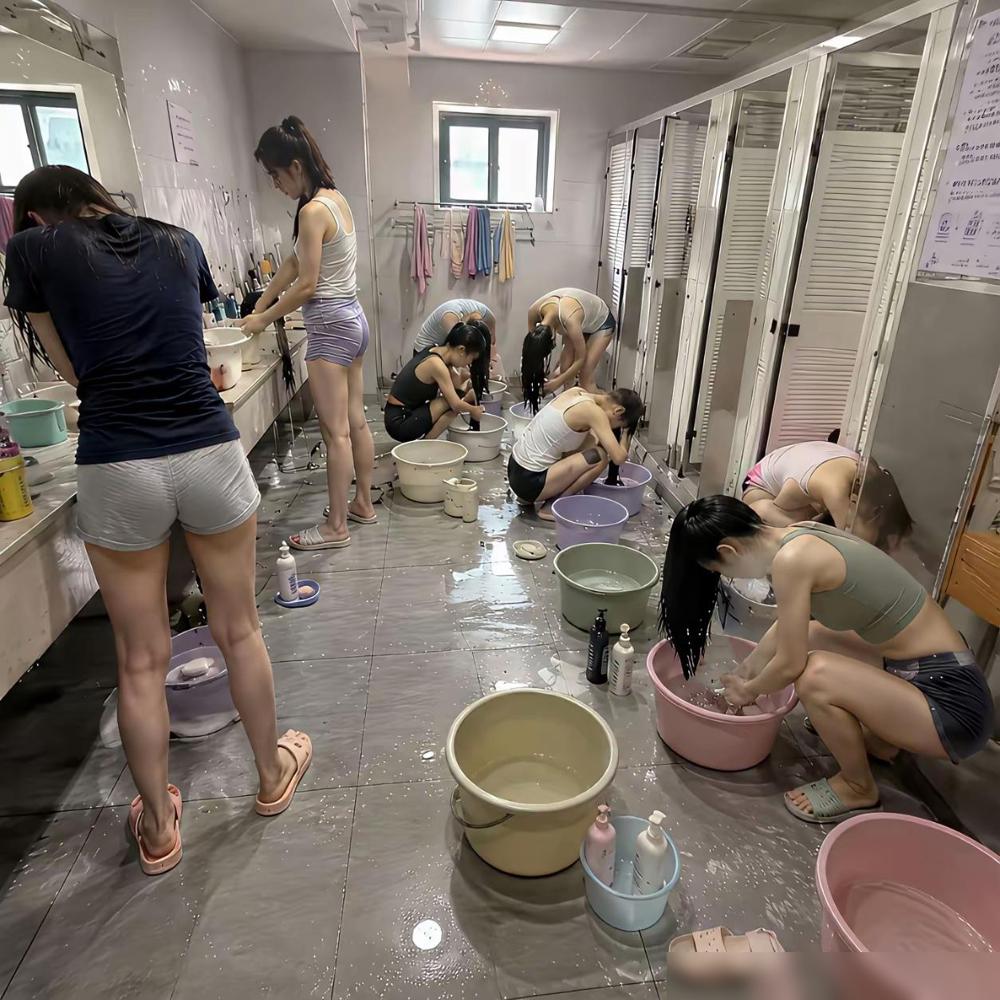 集体宿舍洗漱室，打工妹在洗漱。镜子里映出的，不只是年轻和时尚，更是一天忙碌之后，