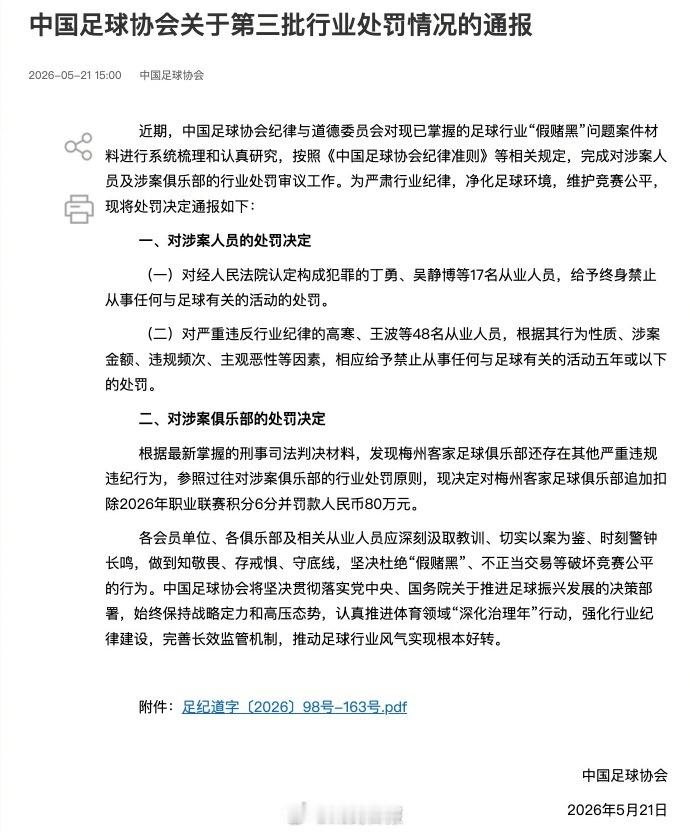  5月21日下午，中国足协通过官方渠道公布了对足球行业“假赌黑”...
