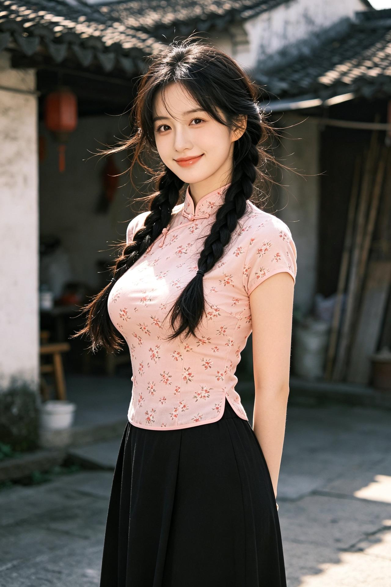 青丝绾作双髻，笑靥如花绽。