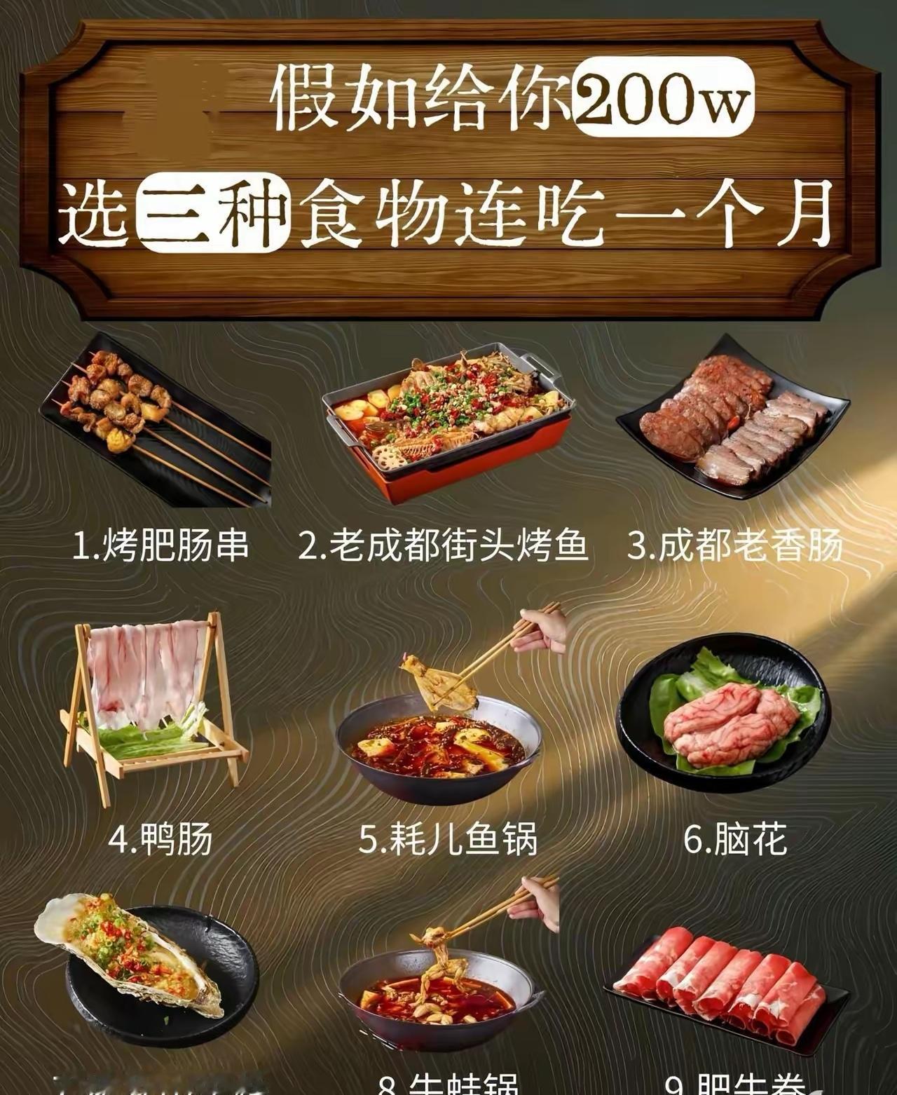 假如给你200万，选三种食物连吃一个月，你会选择哪个？