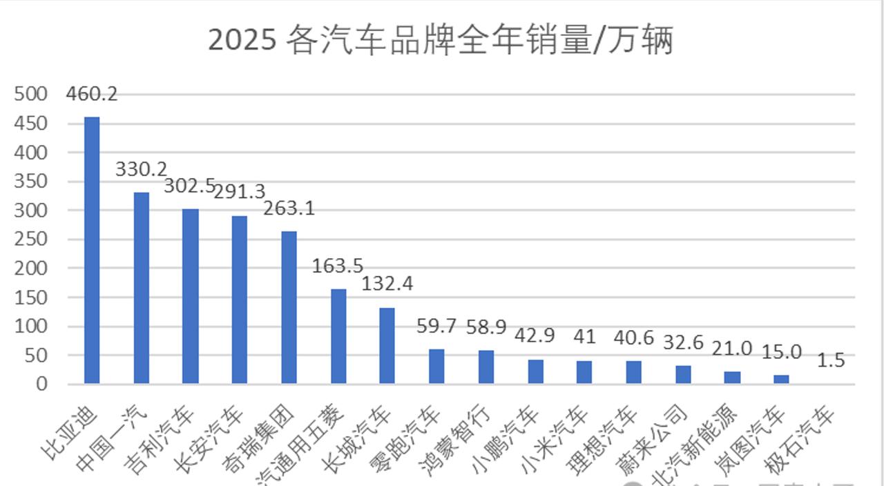 这样看的确比较直观，的确也看的出来比亚迪是真的强大。2025年各汽车品牌一年的