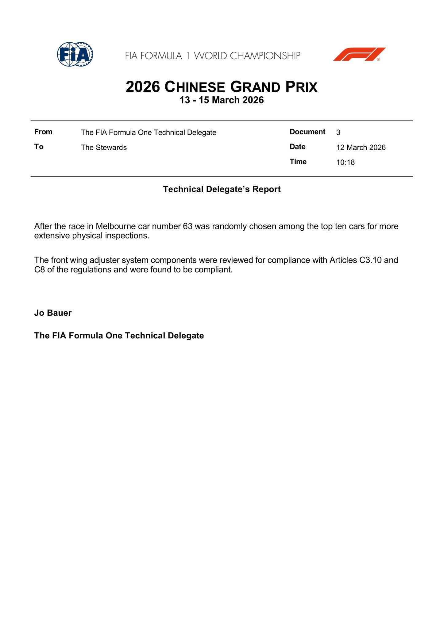 拉塞尔的赛车在墨尔本大奖赛赛后被随机选中，接受了更全面的复堪核验。对前翼调节系统