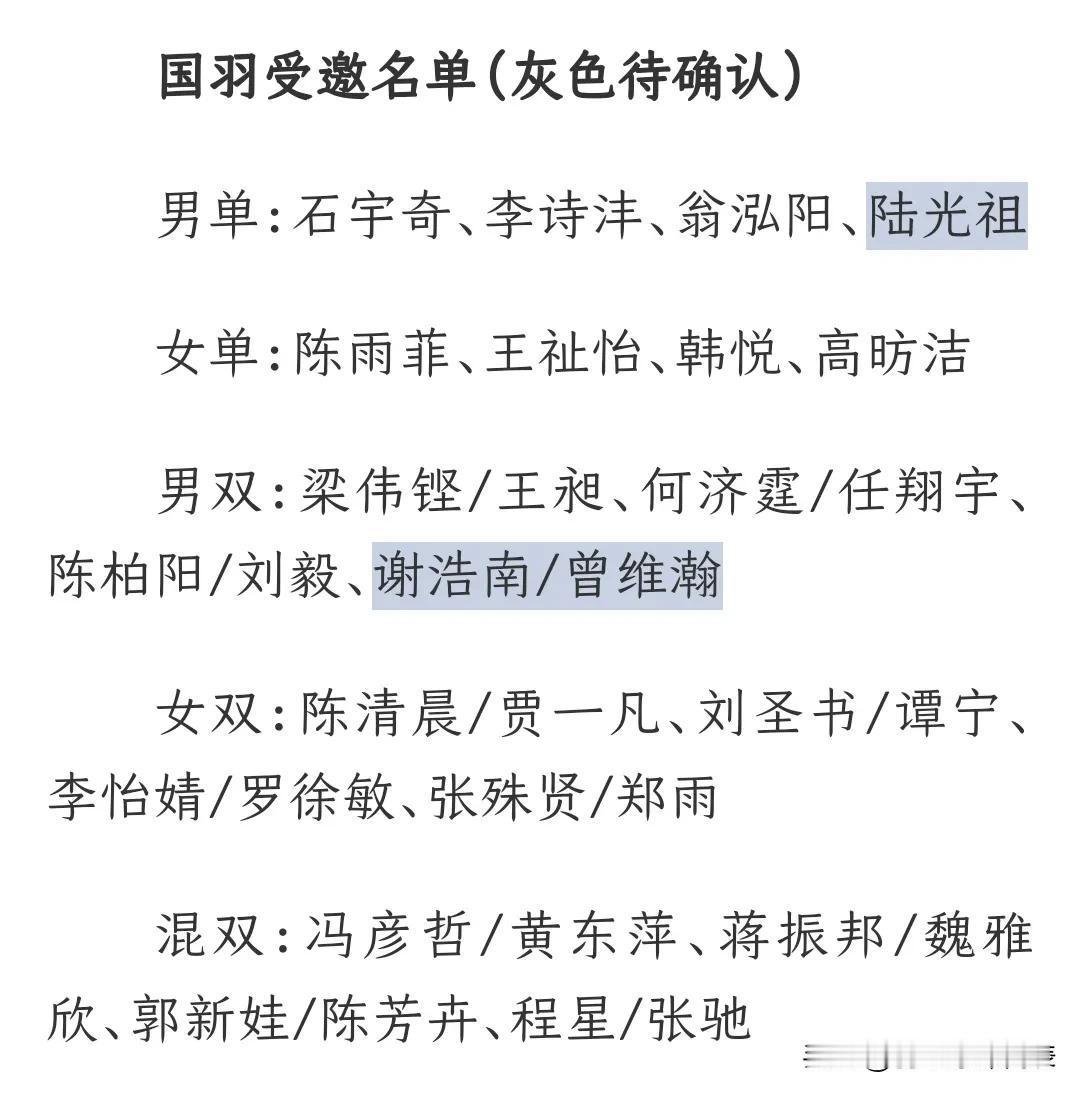 名单石宇奇，陈雨菲出战，陈清晨，贾一凡回归国羽5个单项满额参赛具体参赛名单