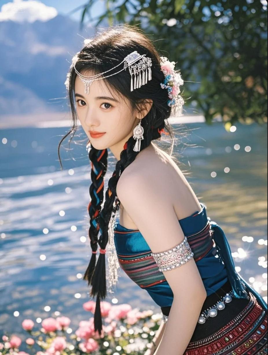 白族少女在洱海栈道踮脚转身，裙摆拂过波光