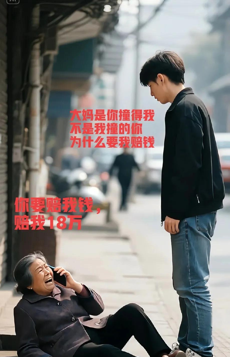 大妈在前小伙子在后大妈边走边打电话小伙子正常步行大妈突然转头小伙子猝不