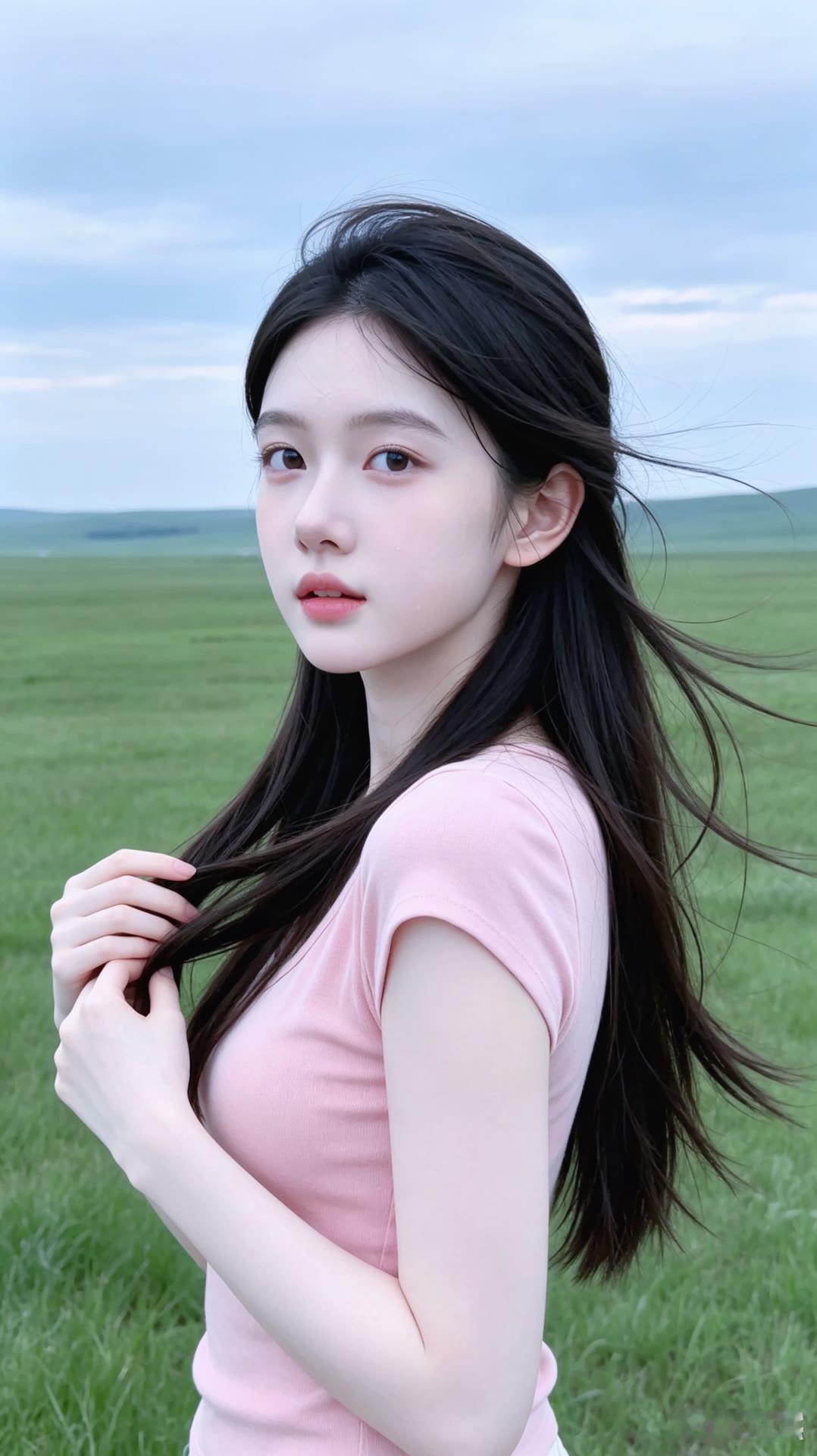 少女在草原上，微风轻拂发梢，温柔如画。