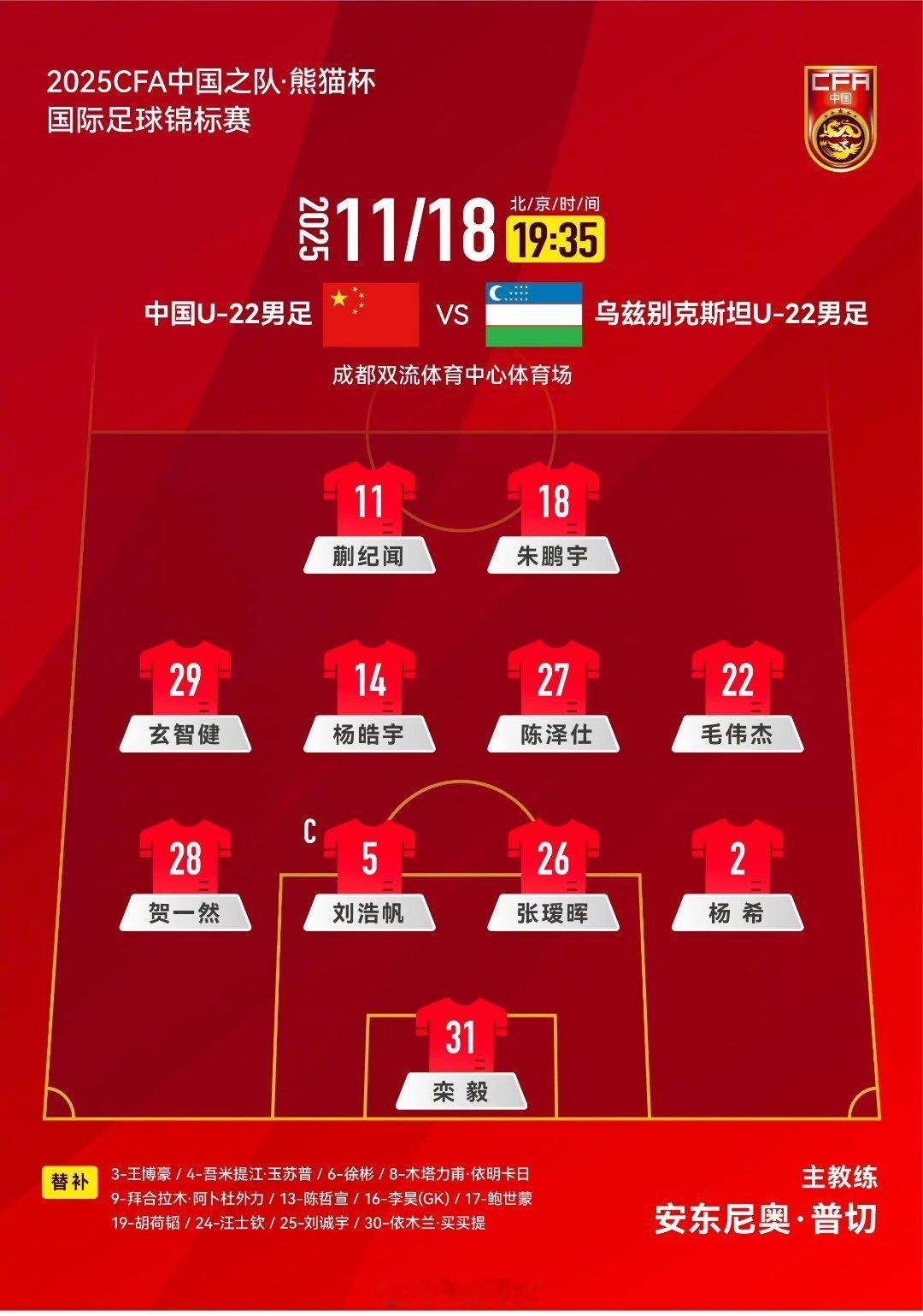 U22国足VS乌兹别克斯坦U22首发名单陈泽仕首发