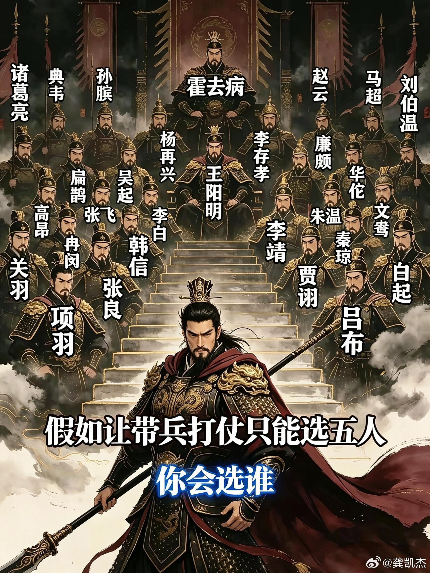假如由你领兵作战，你可挑选五位历史人物辅佐，你会选择谁？