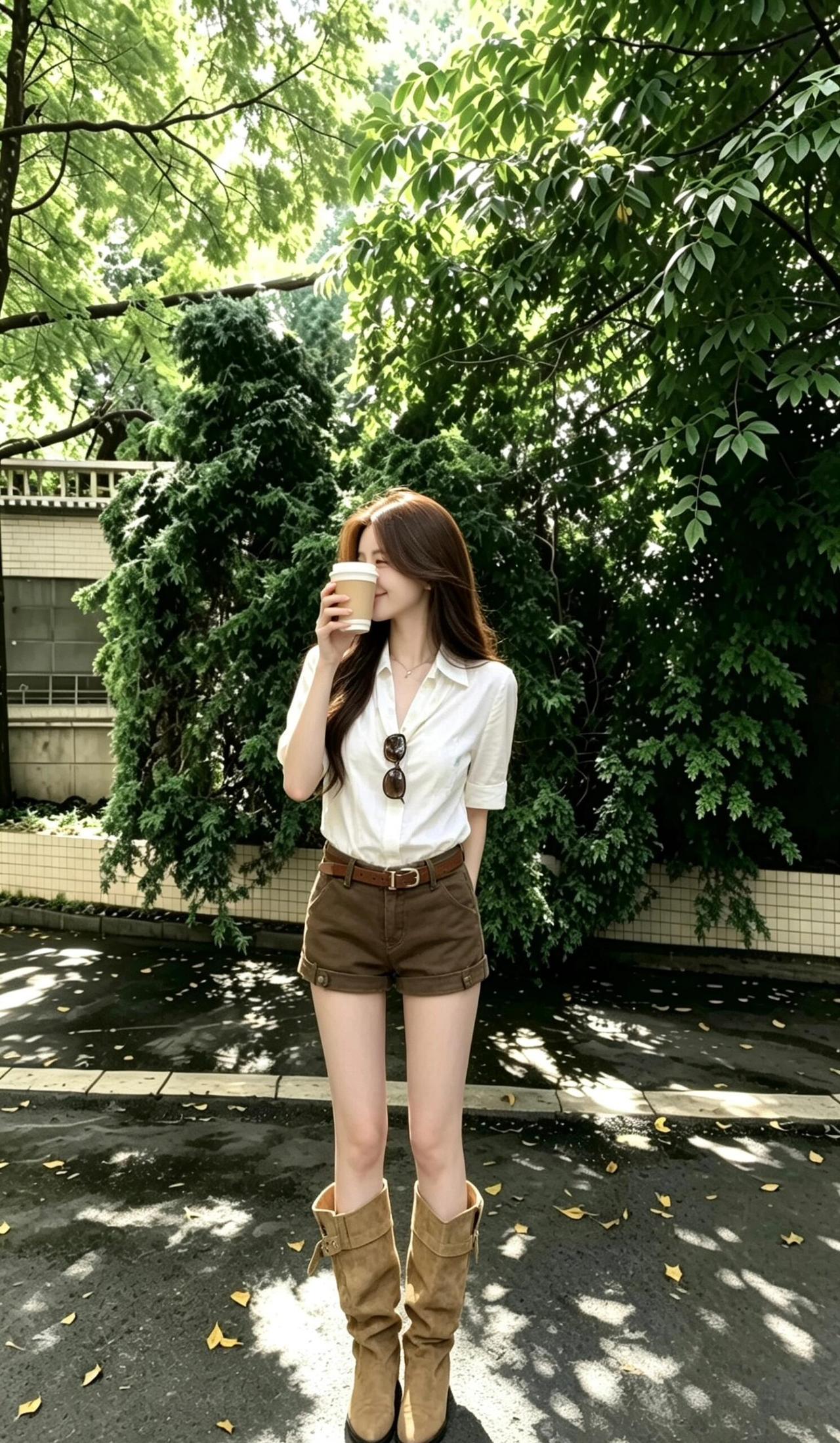 白色衬衫+棕色短裤+高筒靴