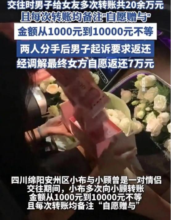 “白嫖成功了？”四川绵阳，一男子恋爱期间多次给女友转账，每笔转账都备注“自愿赠与