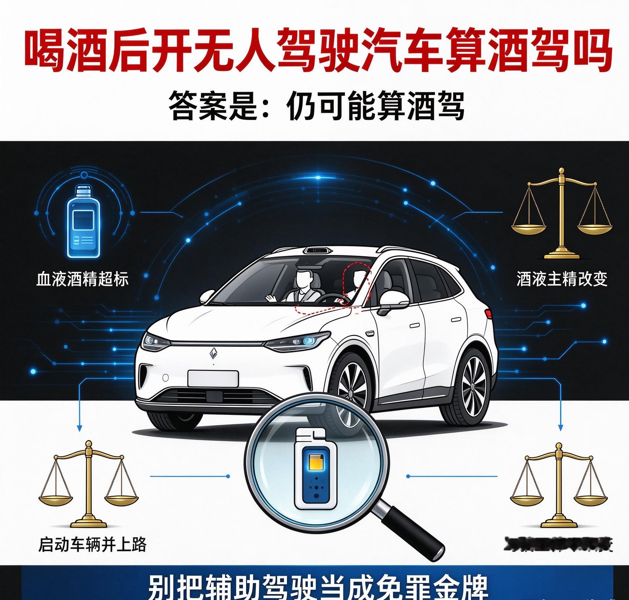 喝酒后开无人驾驶汽车算酒驾？很多车主搞错，已有多人被判刑喝完酒不想找代驾，开启车辆智驾、自动驾驶模式