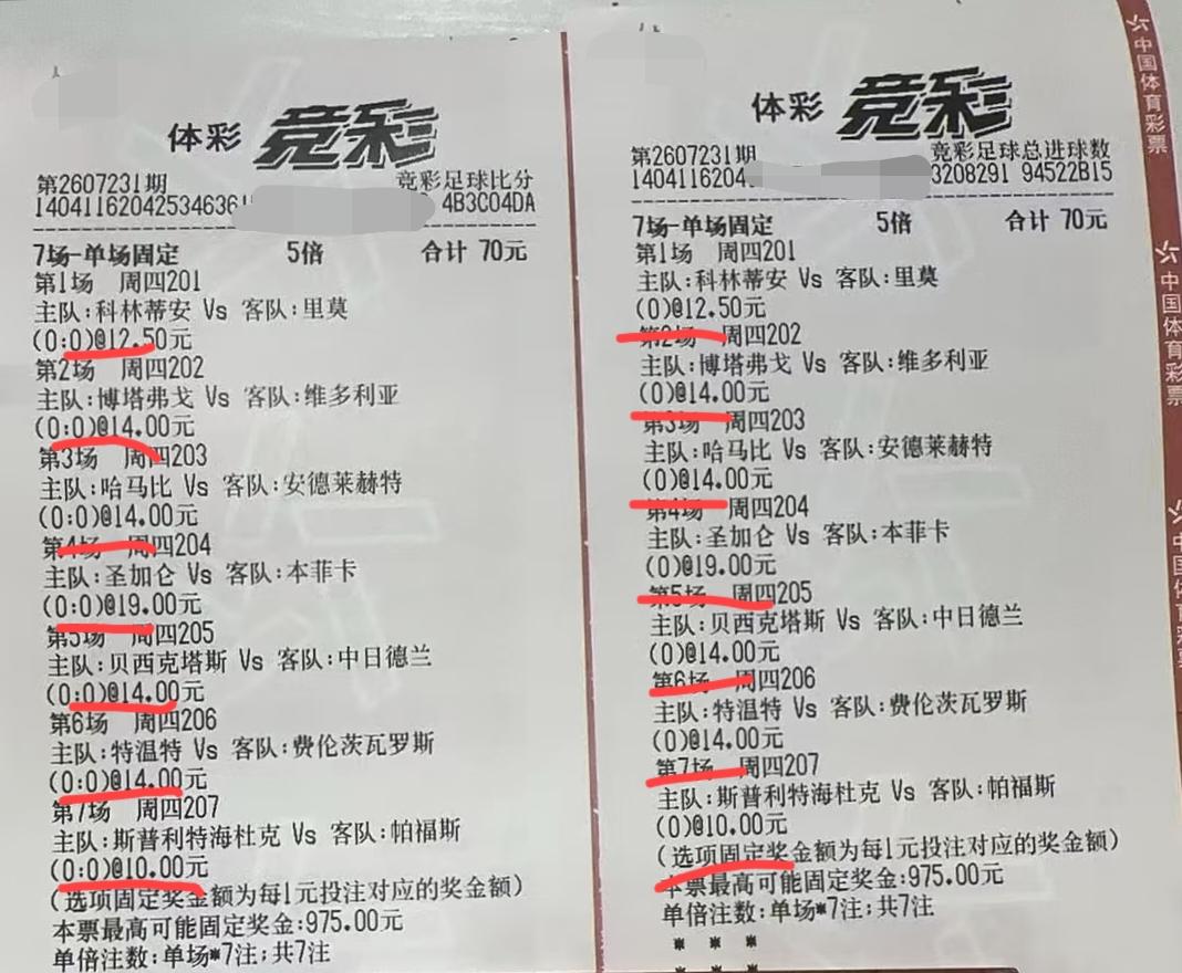 这位彩民绝对是一个奇葩！七场比赛的比分打的都是“0:0”，进球数也都是“0”，