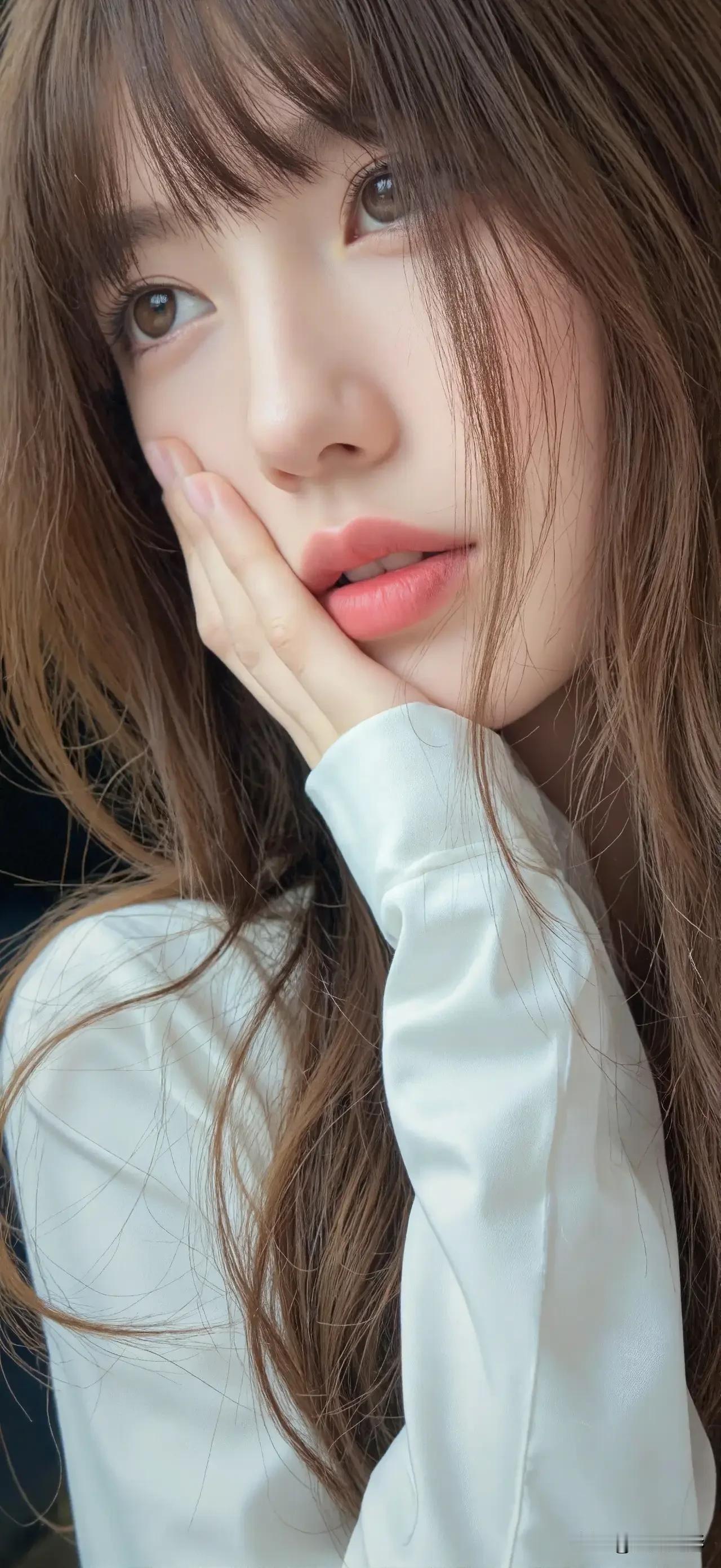 光之影温柔少女，轻抚脸颊，白衬衫的清新与柔美