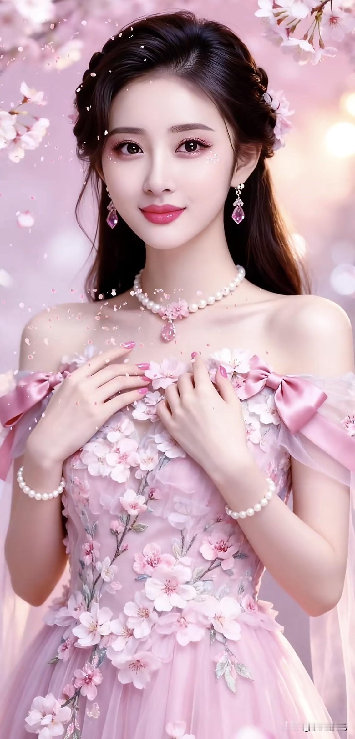 樱花季的梦幻少女，粉色花裙，甜美动人！🌸💖紫色花海少女樱花少女照粉裙花束