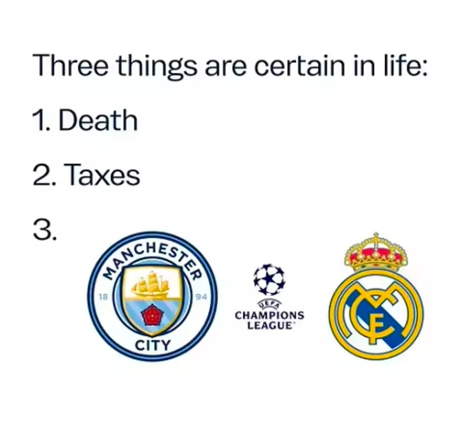 连续交手5年，曼城官方玩梗：人生三大事死亡、税收、打皇马在欧冠1/8决赛抽签出炉