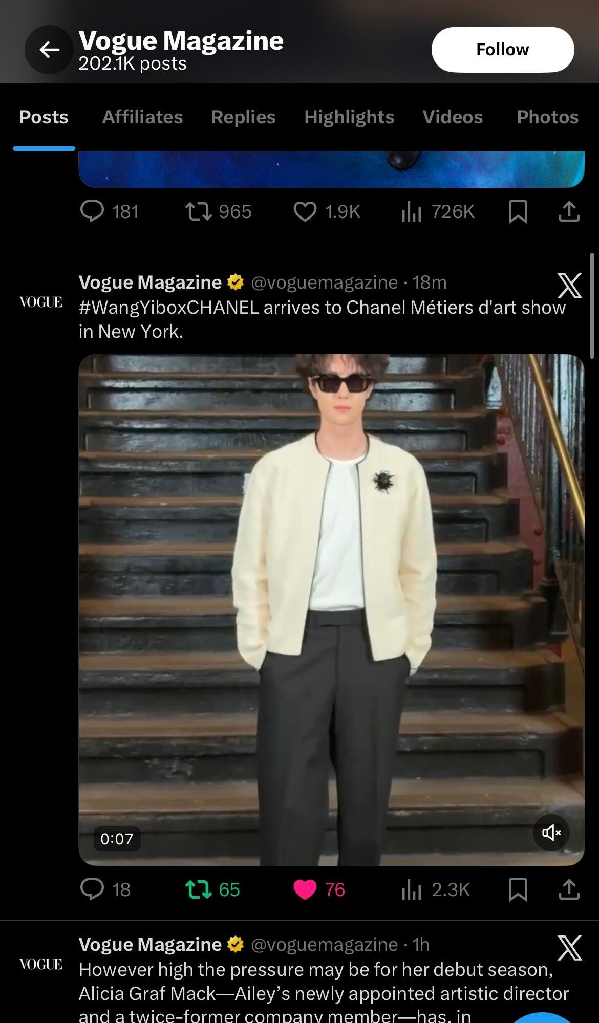 王一博国际排面星光🈶……母版VOGUE大秀开始后截至目前在X上发布