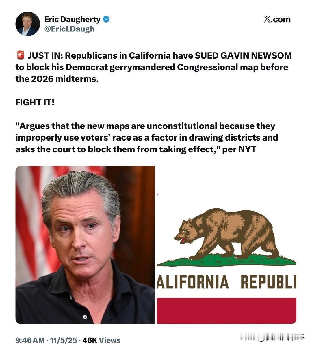 【快讯】加州共和党人已起诉GavinNewsom，要求在2026年中期选举前阻