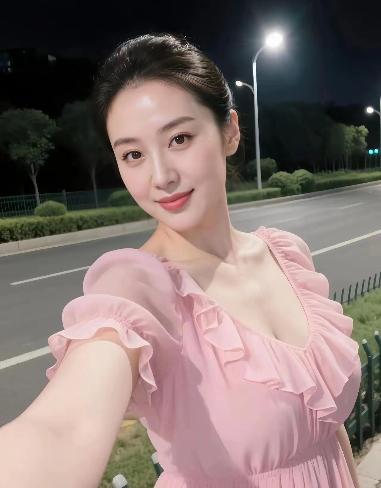 夜晚的温柔自拍，粉色连衣裙，微笑的甜美瞬间。